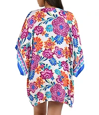 La Blanca Flor De Paradiso Floral Print Dolman Sleeve Open Front Kimono Swim Cover-Up