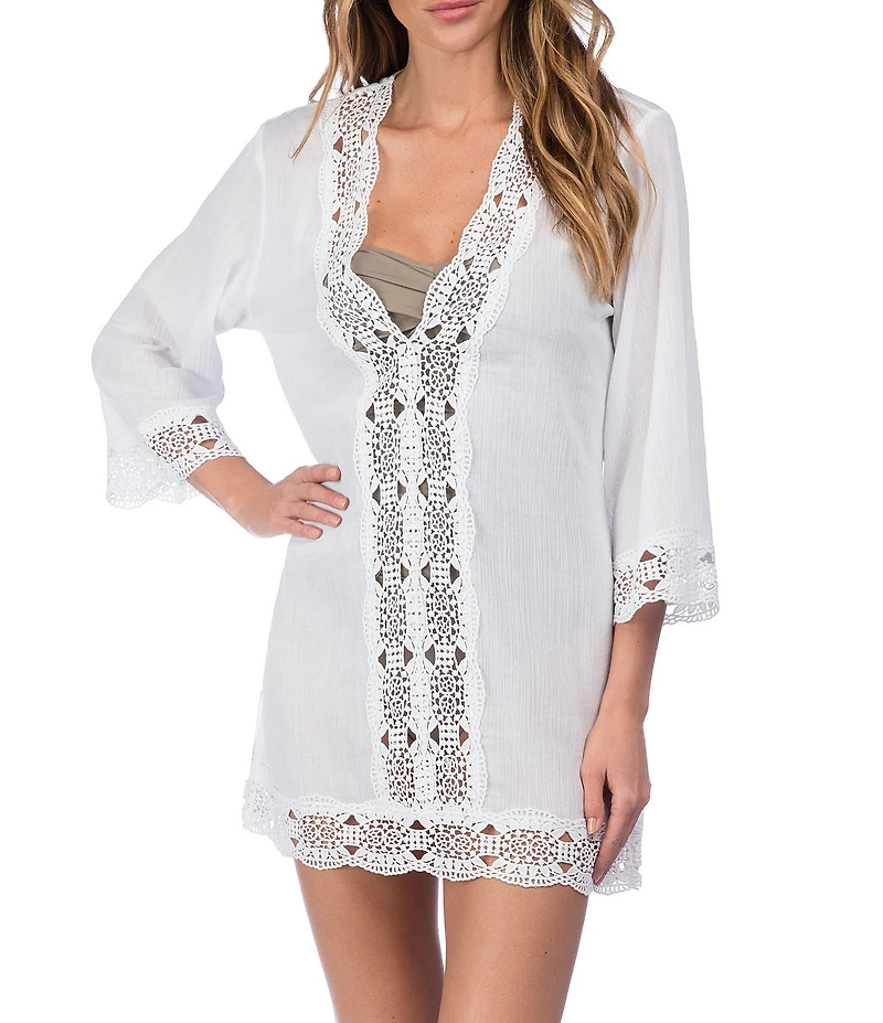 La Blanca Island Fare V-Neck Crinkle Crochet Trim Swim Cover Up Tunic