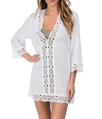 La Blanca Island Fare V-Neck Crinkle Crochet Trim Swim Cover Up Tunic