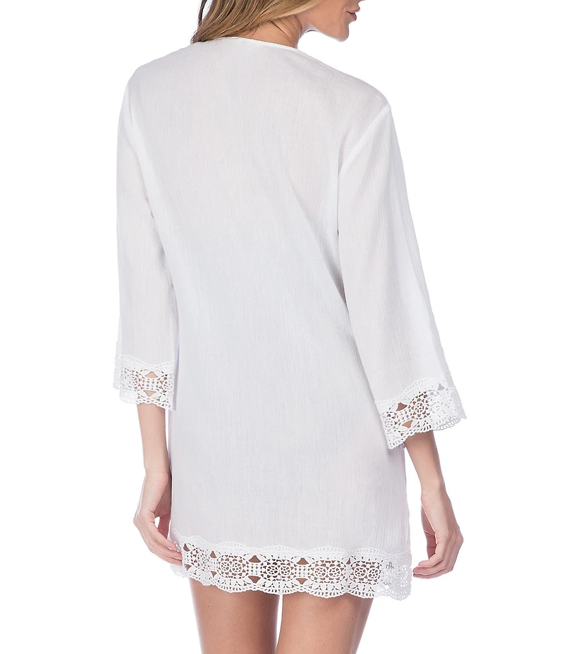 La Blanca Island Fare V-Neck Crinkle Crochet Trim Swim Cover Up Tunic