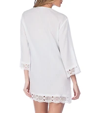 La Blanca Island Fare V-Neck Crinkle Crochet Trim Swim Cover Up Tunic