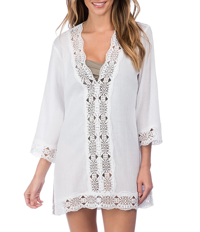 La Blanca Island Fare V-Neck Crinkle Crochet Trim Swim Cover Up Tunic