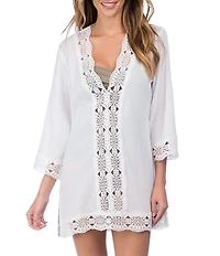 La Blanca Island Fare V-Neck Crinkle Crochet Trim Swim Cover Up Tunic