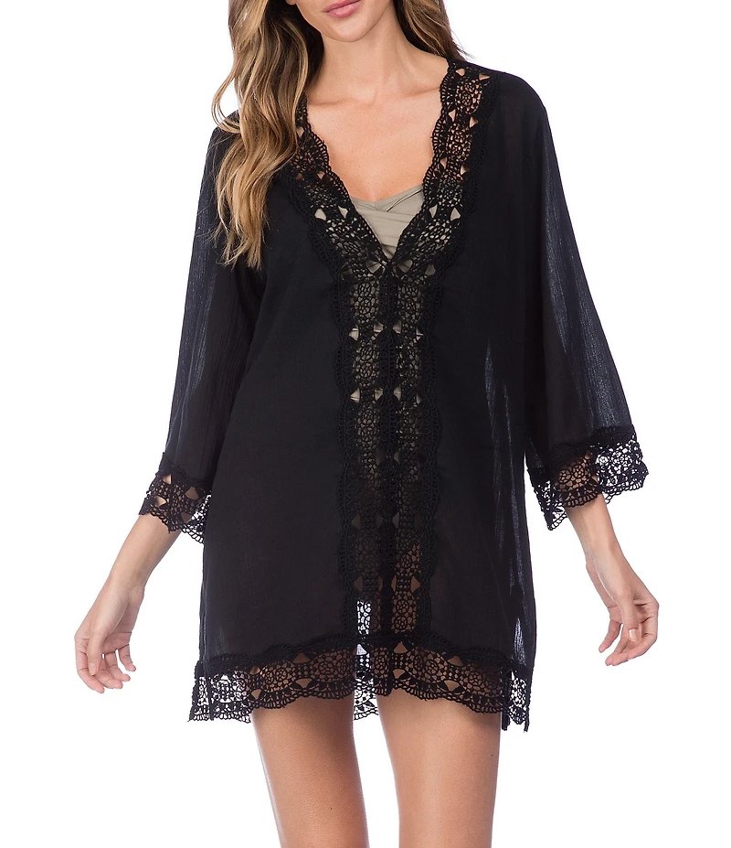 La Blanca Island Fare V-Neck Crinkle Crochet Trim Swim Cover Up Tunic