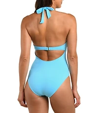 La Blanca Island Goddess Double Gold Ring Halter Neck Plunge One Piece Swimsuit