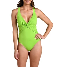 La Blanca Island Goddess Front Twist Tommy Control Plunge One Piece Swimsuit