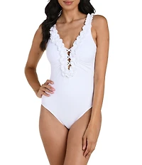 La Blanca Island Goddess Solid Ruffle Trim Plunge One Piece Swimsuit