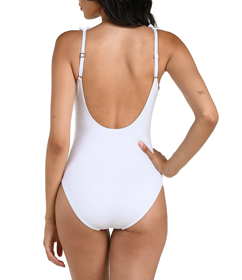 La Blanca Island Goddess Solid Ruffle Trim Plunge One Piece Swimsuit
