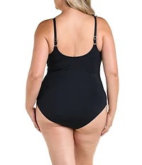 La Blanca Plus Size Island Goddess Ruffle Plunge Tummy Control One Piece Swimsuit