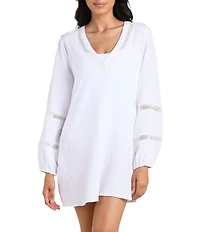 La Blanca Seaside Crochet V-Neck Long Sleeve Tunic Swim Cover-Up