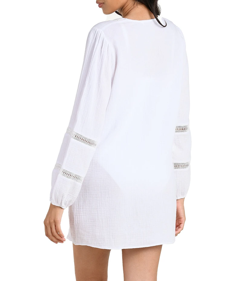 La Blanca Seaside Crochet V-Neck Long Sleeve Tunic Swim Cover-Up