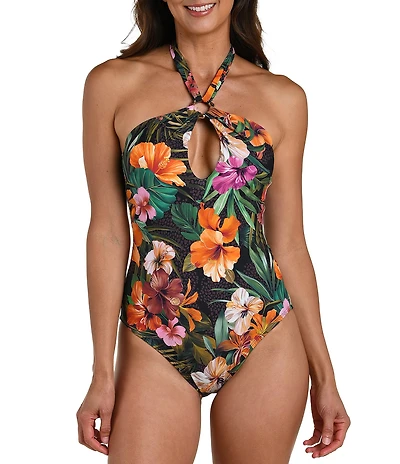 La Blanca Tropical Hideaway High Neck Keyhole Halter One Piece Swimsuit