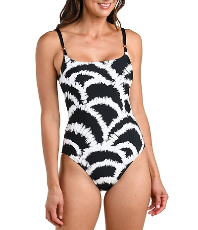 La Blanca Woven Shadow Abstract Square Neck One Piece Swimsuit