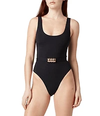 La Porte Mandy Jacquard Scoop Neck Signature Hardware Belt One Piece Swimsuit