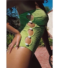La Porte Stephanie Jacquard Side Cut-Out Pearl Bandeau One Piece Swimsuit