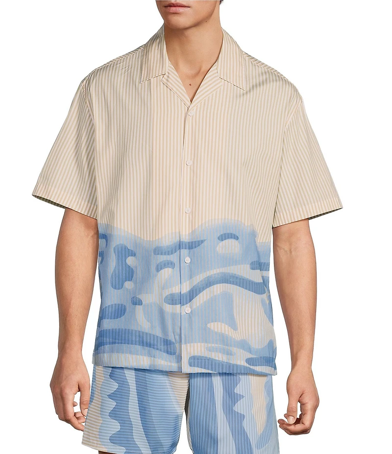 Lacoste Relaxed Fit Striped Crocodile Short Sleeve Woven Camp Shirt