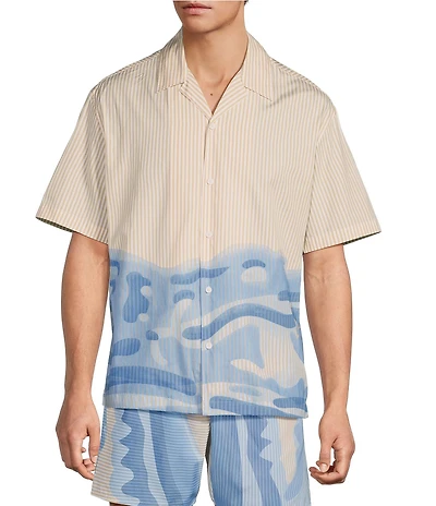 Lacoste Relaxed Fit Striped Crocodile Short Sleeve Woven Camp Shirt