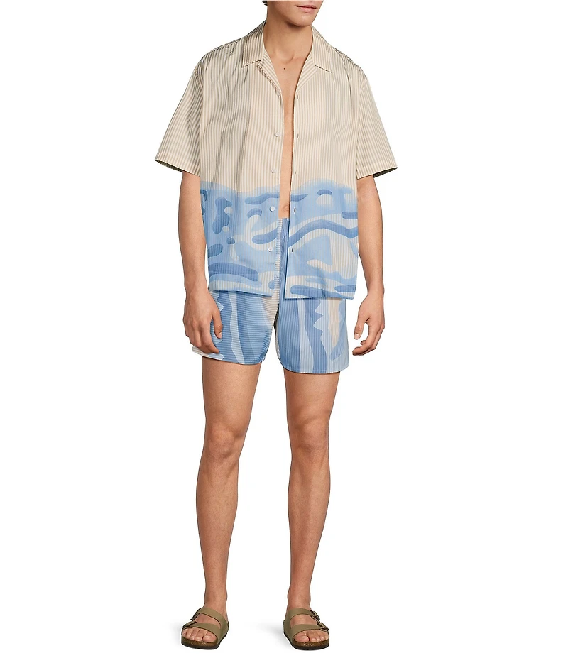 Lacoste Relaxed Fit Striped Crocodile Short Sleeve Woven Camp Shirt