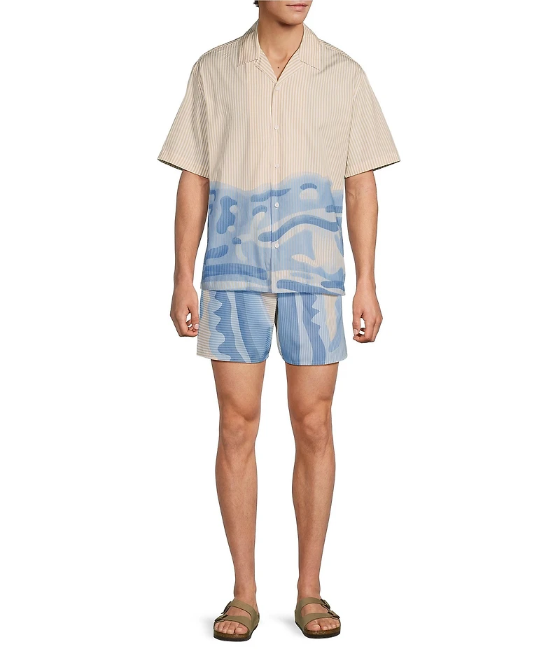 Lacoste Relaxed Fit Striped Crocodile Short Sleeve Woven Camp Shirt