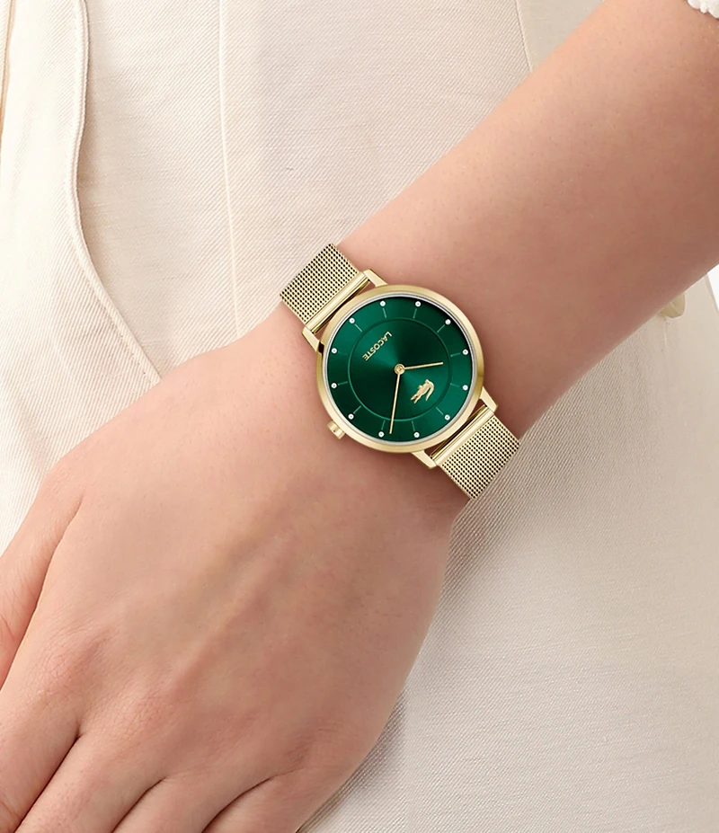 Lacoste Women's Crocorigin Two Hand Gold Tone Stainless Steel Mesh Bracelet Watch