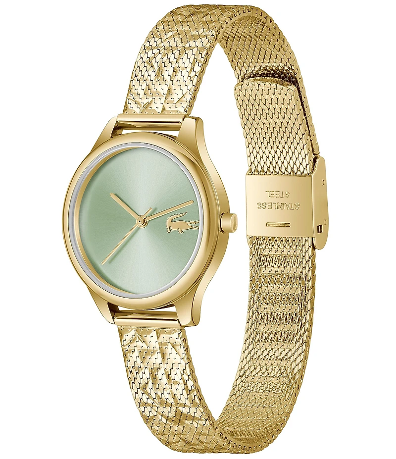 Lacoste Women's Mini Crocodelle Three Hand Gold Tone Stainless Steel Mesh Bracelet Watch
