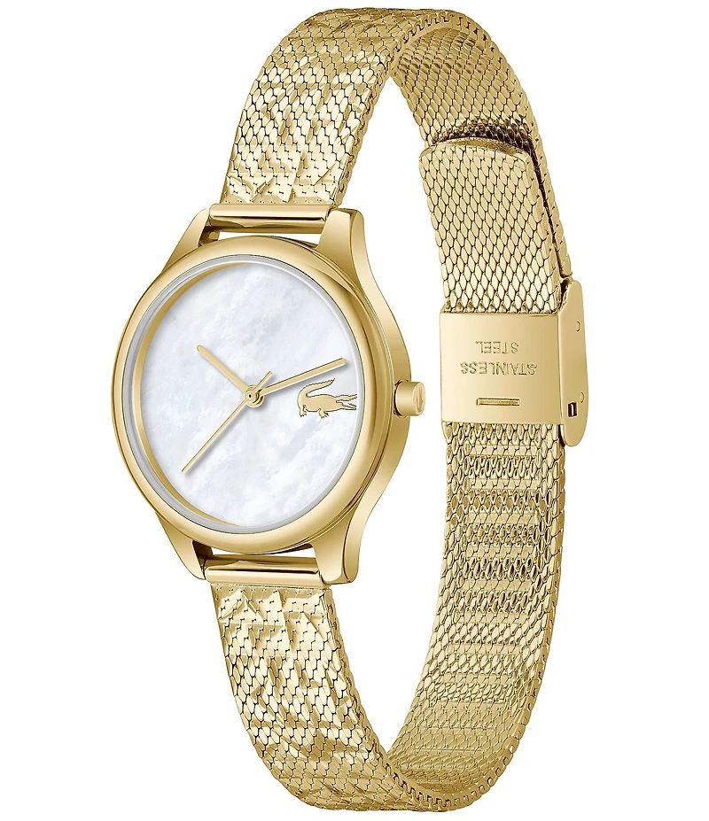 Lacoste Women's Mini Crocodelle Three Hand Gold Tone Stainless Steel Mesh Bracelet Watch