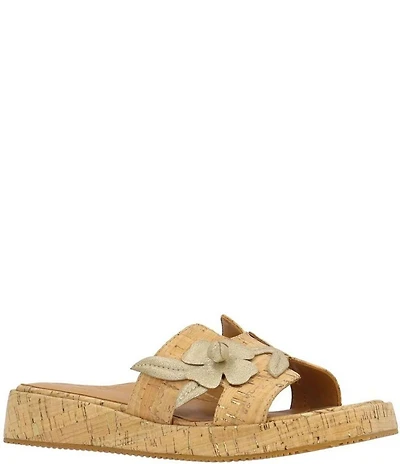 L'Amour Des Pieds Aldara Cork Metallic Leather Flower Vine Slide Sandals