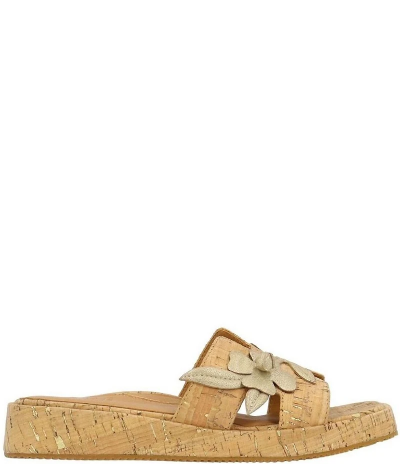 L'Amour Des Pieds Aldara Cork Metallic Leather Flower Vine Slide Sandals