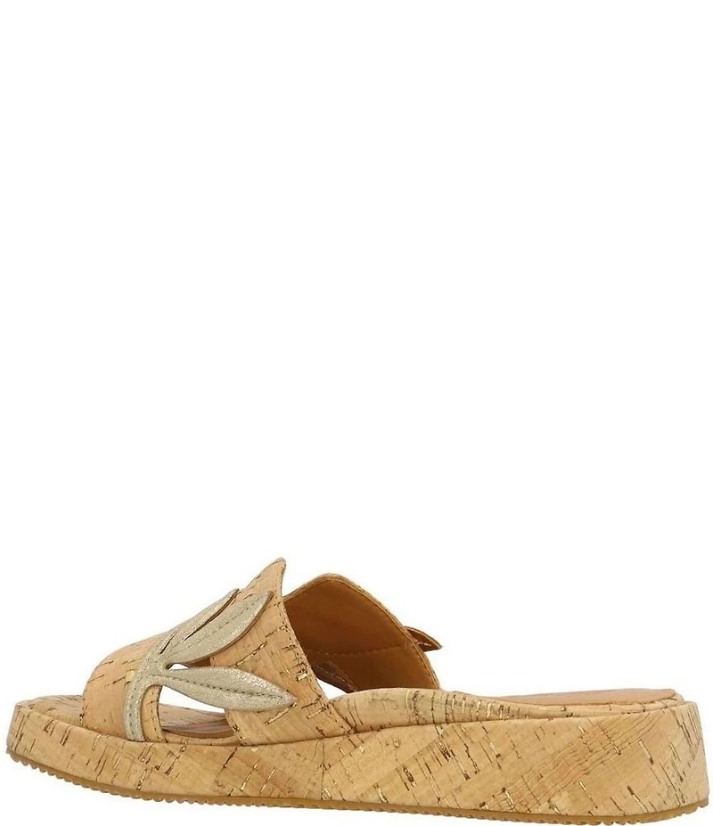 L'Amour Des Pieds Aldara Cork Metallic Leather Flower Vine Slide Sandals