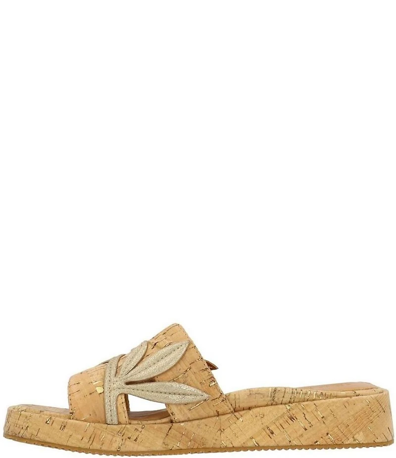 L'Amour Des Pieds Aldara Cork Metallic Leather Flower Vine Slide Sandals