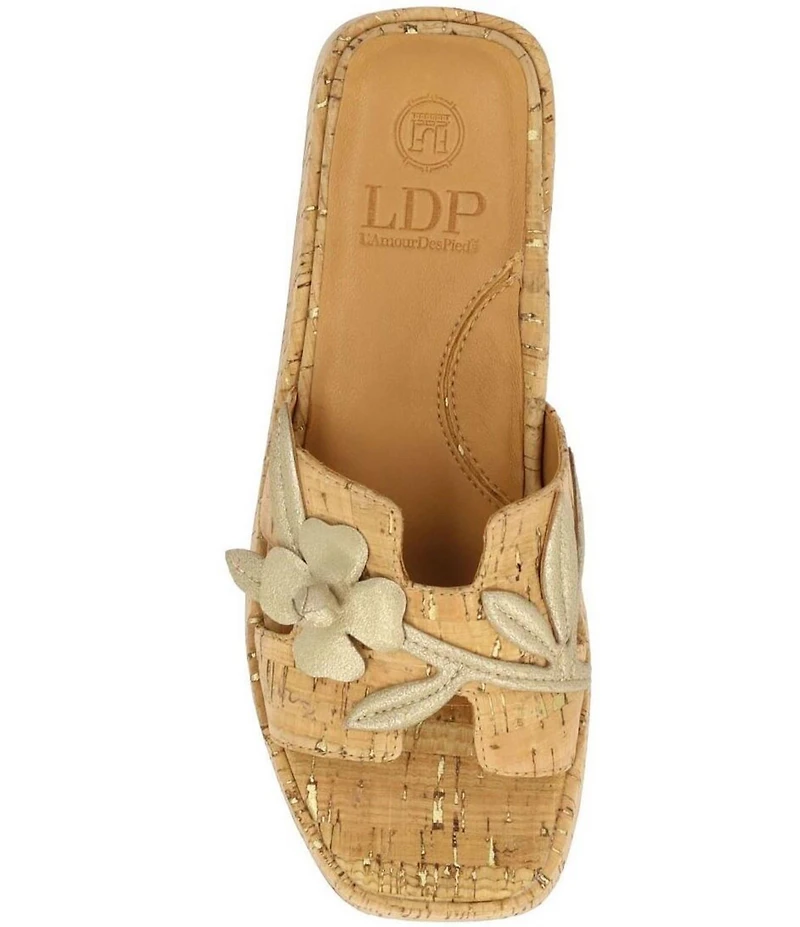 L'Amour Des Pieds Aldara Cork Metallic Leather Flower Vine Slide Sandals