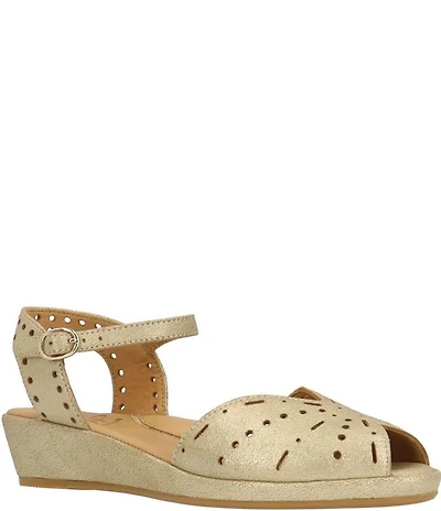 L'Amour Des Pieds Brenn Metallic Suede Perforated Ankle Wrap Wedge Sandals