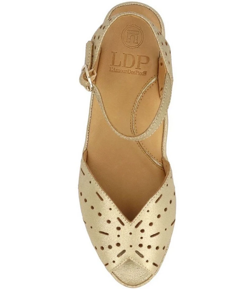 L'Amour Des Pieds Brenn Metallic Suede Perforated Ankle Wrap Wedge Sandals