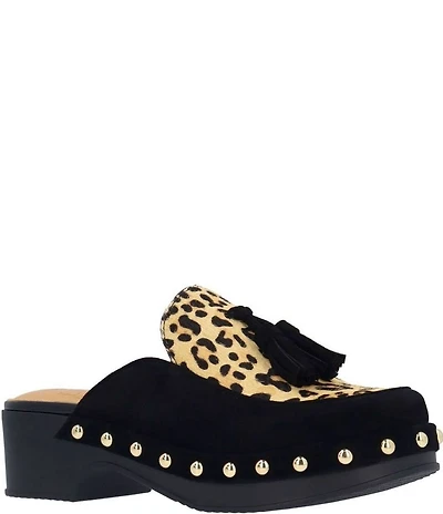 L'Amour Des Pieds Gracen Suede Leopard Print Calf Hair Tassel Studded Clog Mules