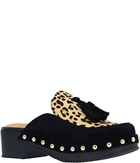 L'Amour Des Pieds Gracen Suede Leopard Print Calf Hair Tassel Studded Clog Mules