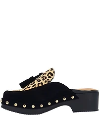 L'Amour Des Pieds Gracen Suede Leopard Print Calf Hair Tassel Studded Clog Mules