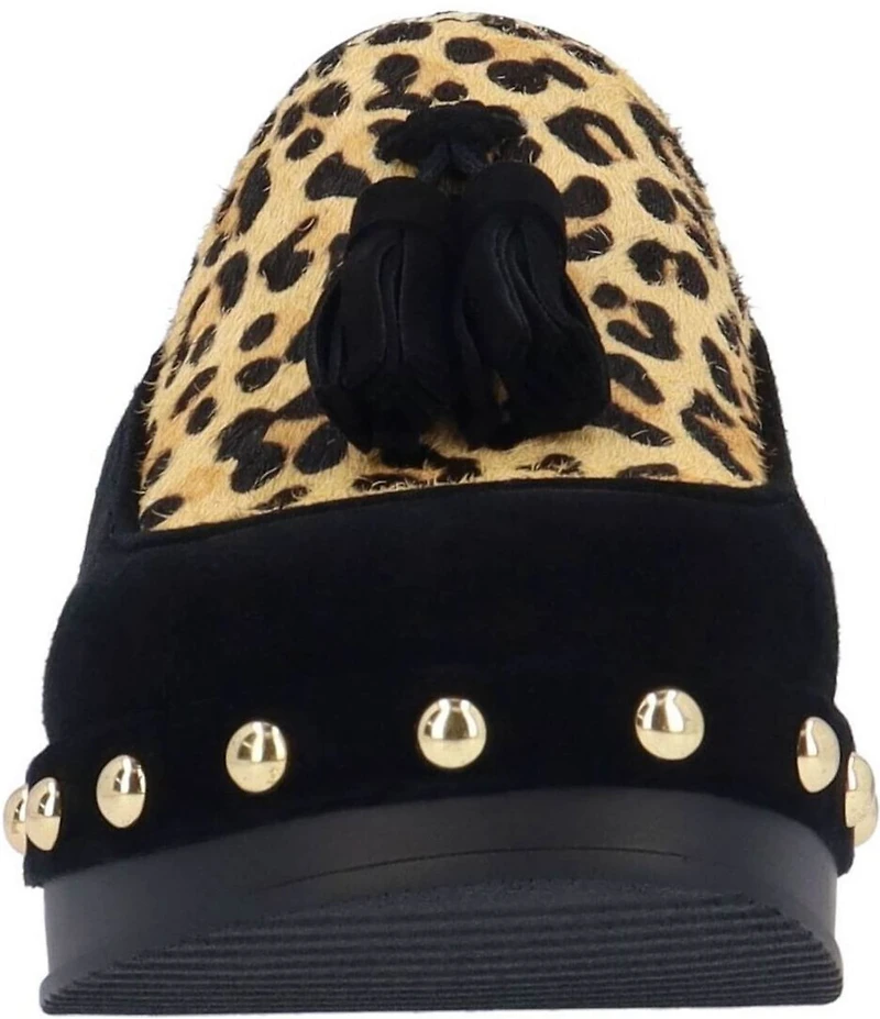 L'Amour Des Pieds Gracen Suede Leopard Print Calf Hair Tassel Studded Clog Mules
