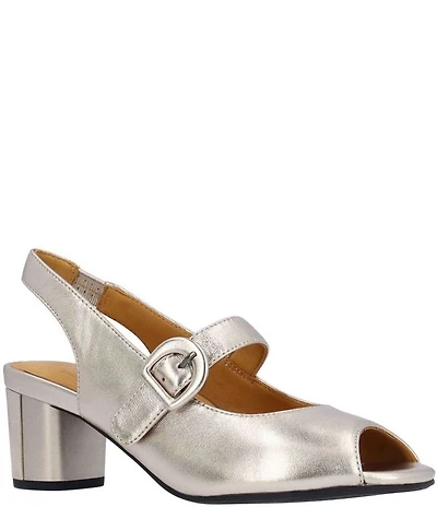 L'Amour Des Pieds Merryn Metallic Leather Peep Toe Slingback Mary Jane Pumps
