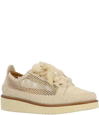 L'amour Des Pieds Zafira Linen and Mesh Lace Up Platform Wedge Sneakers