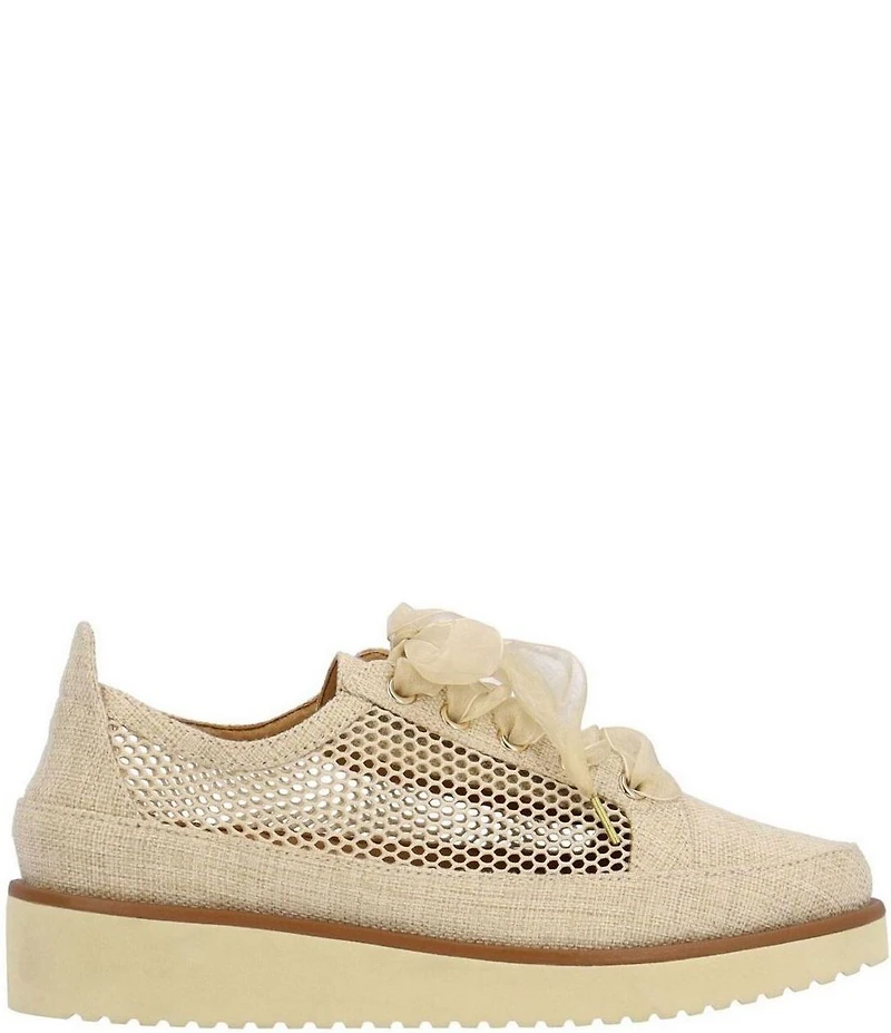 L'amour Des Pieds Zafira Linen and Mesh Lace Up Platform Wedge Sneakers