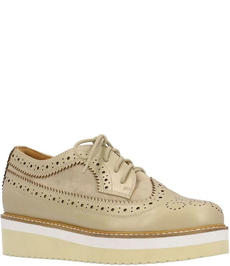 L'Amour Des Pieds Zorielle Leather and Suede Brogue Detail Platform Wedge Oxfords