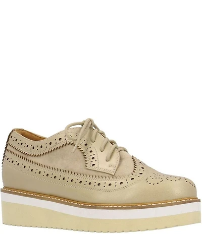 L'Amour Des Pieds Zorielle Leather and Suede Brogue Detail Platform Wedge Oxfords