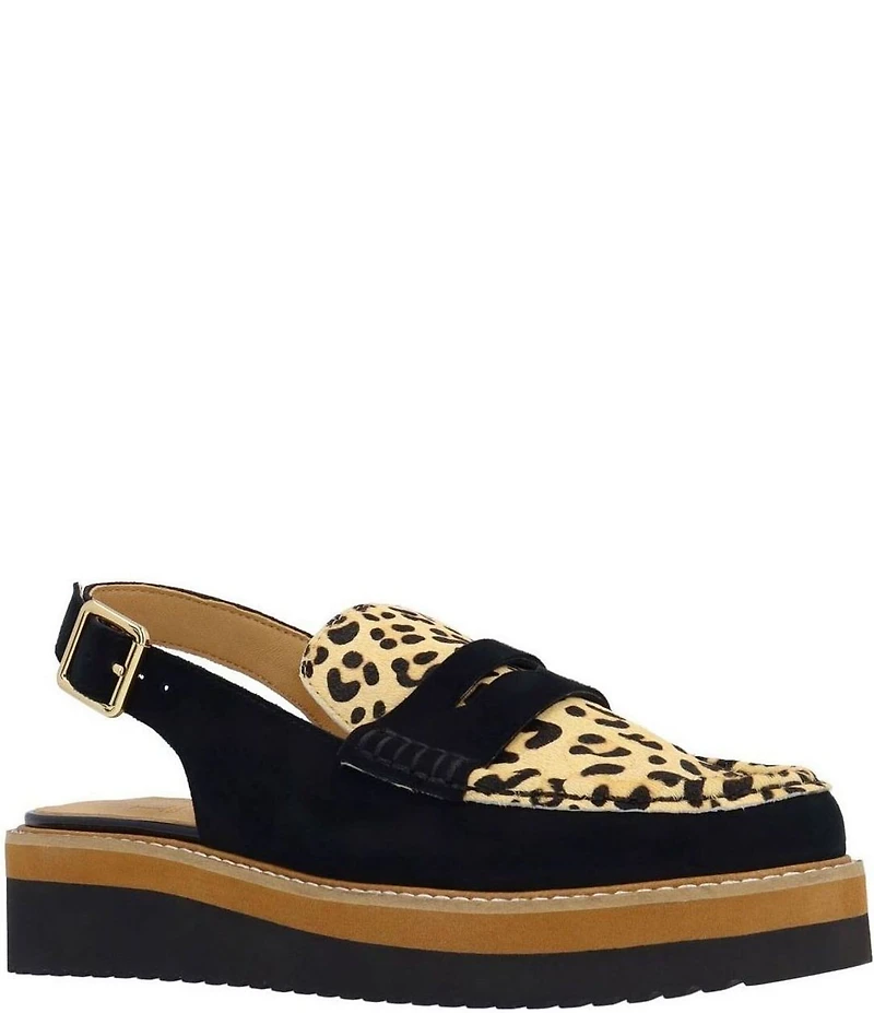 L'Amour Des Pieds Zuree Suede Leopard Print Calf Hair Slingback Penny Loafers