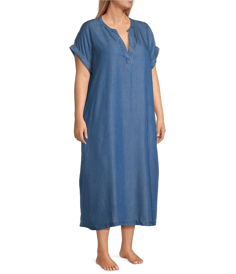 Landry Plus Size Solid Chambray Short Sleeve Split V-Neck Woven Caftan