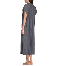Landry Short Sleeve Split Round Neck Button Front Denim Caftan