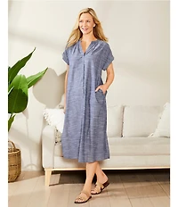 Landry Short Sleeve Split Round Neck Button Front Denim Caftan