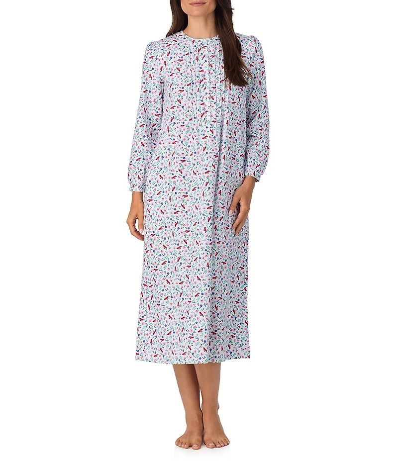 Lanz of Salzburg Cotton Flannel Eyelet Lace Crew Neck Ballet Floral Stripe Print Nightgown