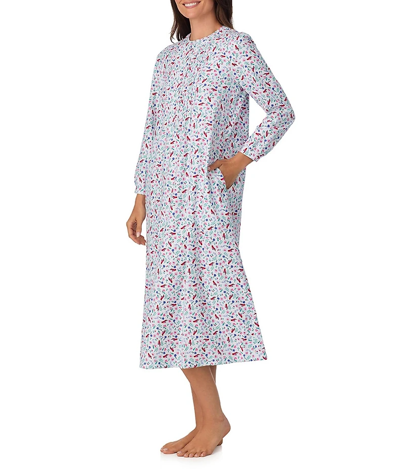 Lanz of Salzburg Cotton Flannel Eyelet Lace Crew Neck Ballet Floral Stripe Print Nightgown