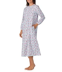 Lanz of Salzburg Cotton Flannel Eyelet Lace Crew Neck Ballet Floral Stripe Print Nightgown