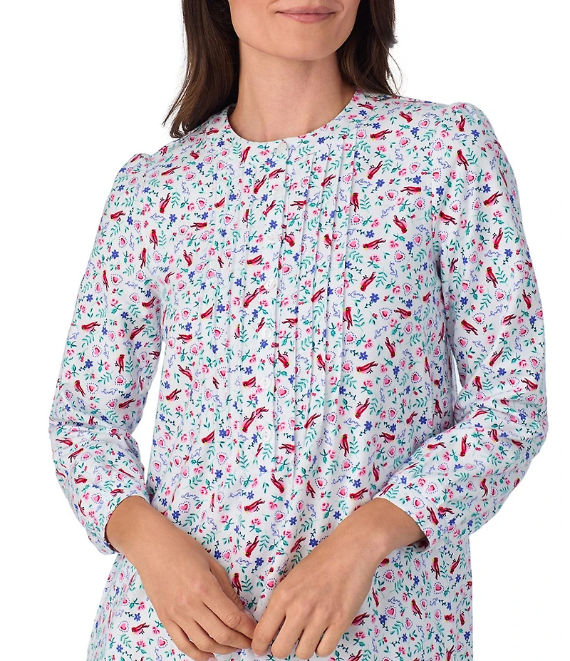 Lanz of Salzburg Cotton Flannel Eyelet Lace Crew Neck Ballet Floral Stripe Print Nightgown